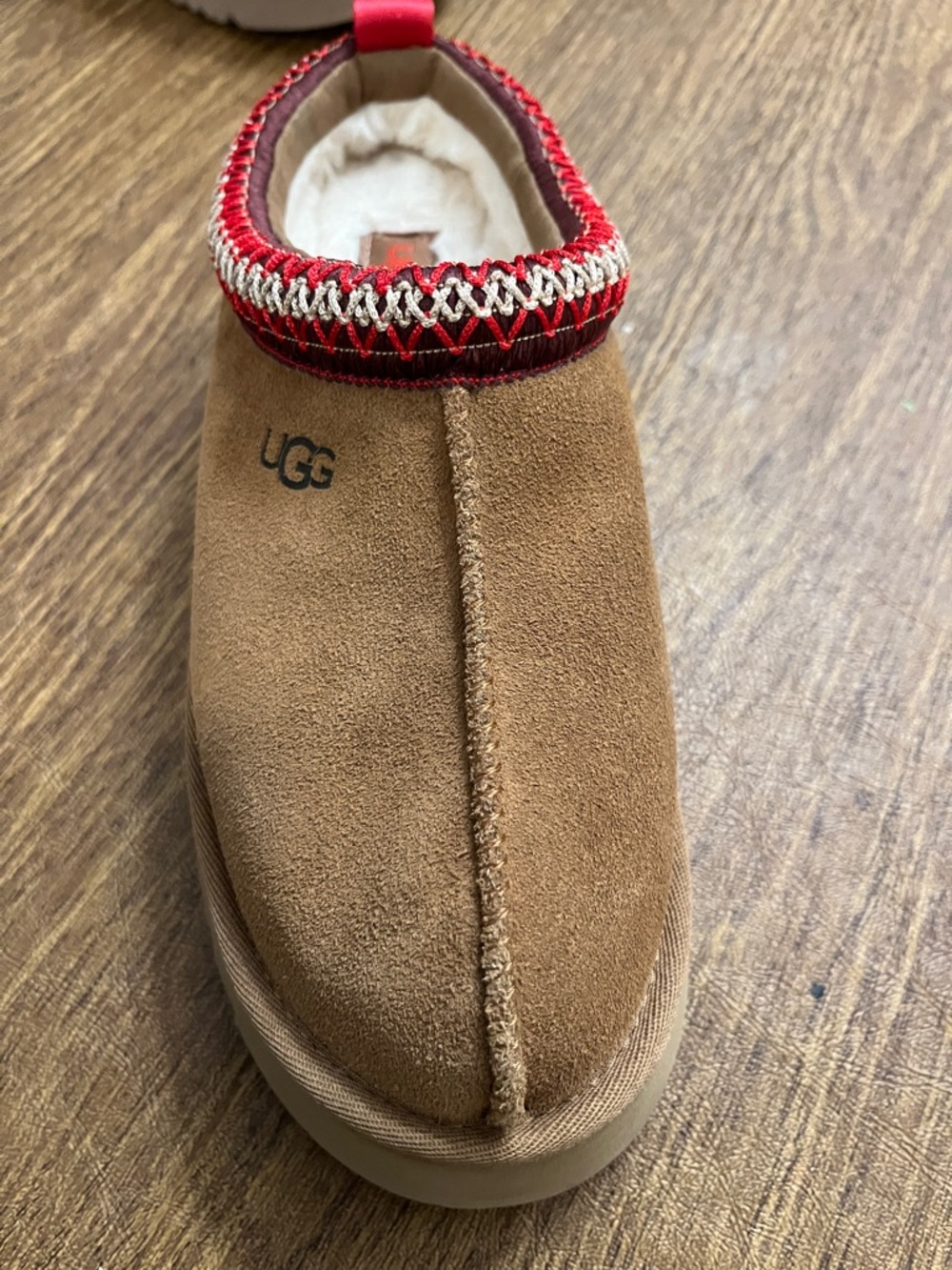 UGG Chestnut Suede Slip-On Clogs with Red Trim and Cream Lining. - Picture 3 of 8